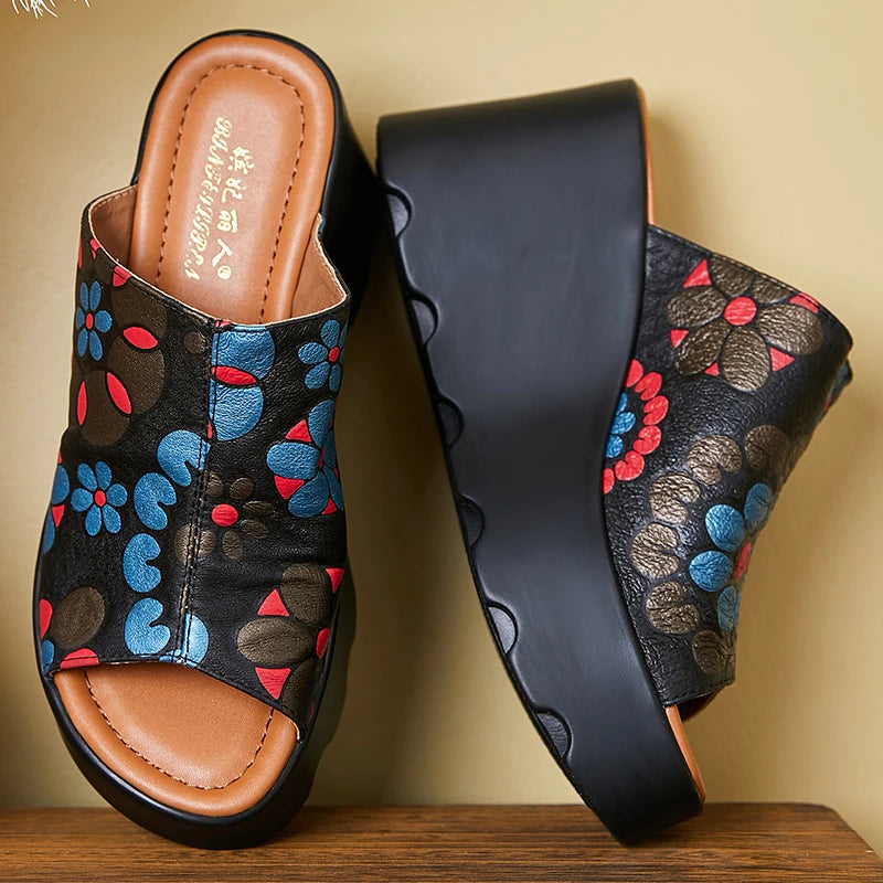 Genuine Leather Flowers Women Fashion Slippers Sandals New Summer Thick Sole High Heel Silppers Outer Wear Sandals