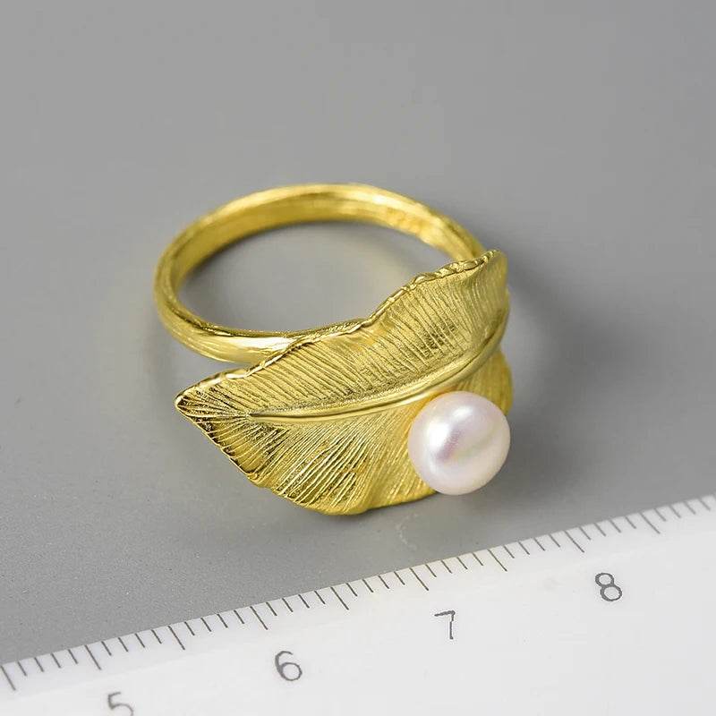 Lotus Fun 18K Gold Natural Pearl Adjustable Wedding New Leaf Rings for Women Real 925 Sterling Silver Dating Luxury Fine Jewelry - Touchy Style