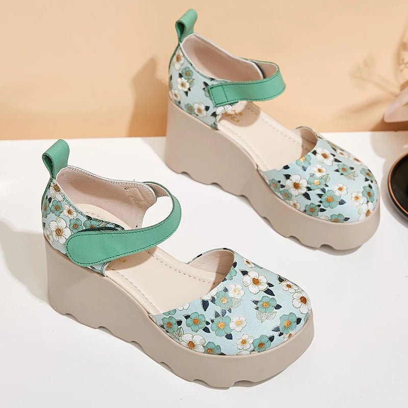 Women Sandals Genuine Leather New Summer Women Shoes hook & loop Retro Wedges Casual Print Platform Ladies Sandals
