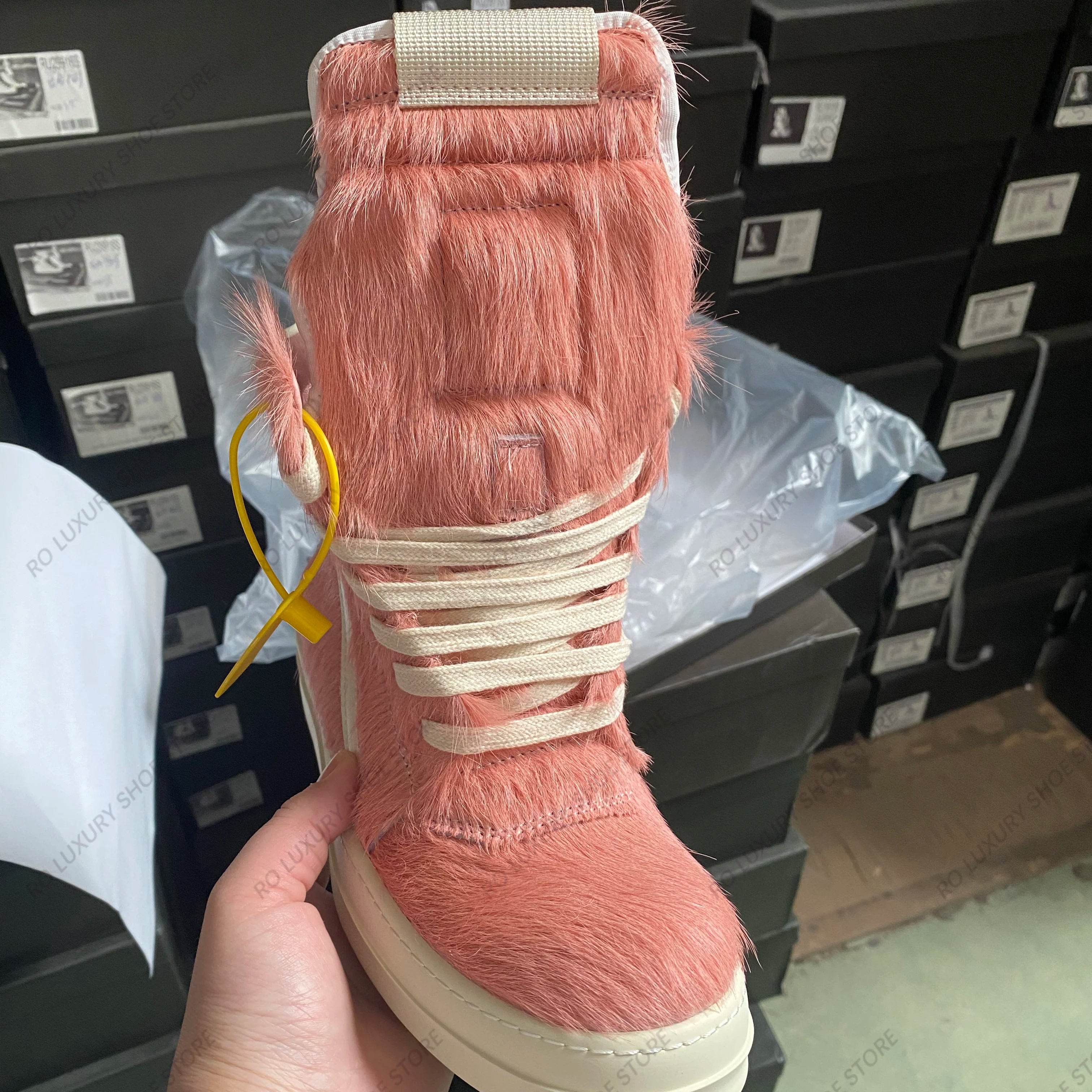 Casual Designer Horse Fur Women Ankle Boot High Top Men Sneaker Leather Geobasket Pink Zipper Quality Thick-sole Platform Shoe - Touchy Style