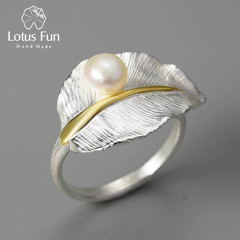 Lotus Fun 18K Gold Natural Pearl Adjustable Wedding New Leaf Rings for Women Real 925 Sterling Silver Dating Luxury Fine Jewelry - Touchy Style