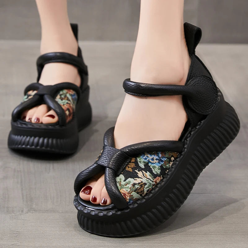Summer New Versatile Genuine Leather Peep Toe Sandals Retro Comfortable Thick Soled Hook & Loop Women&