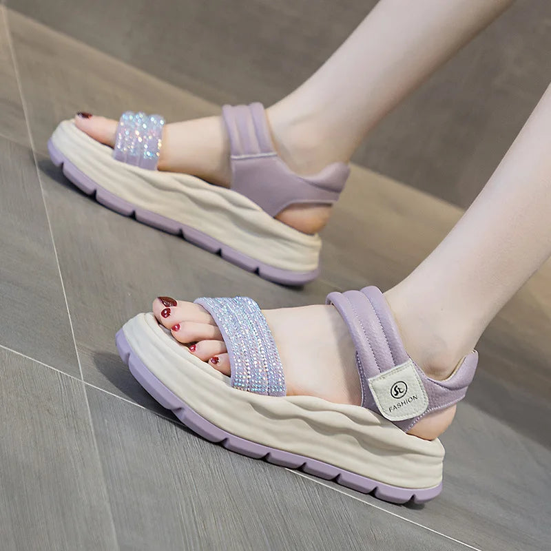 Genuine Leather Sandals Platform Wedges Women Open Toe Ladies Casual hook & loop Beach Summer Shoes
