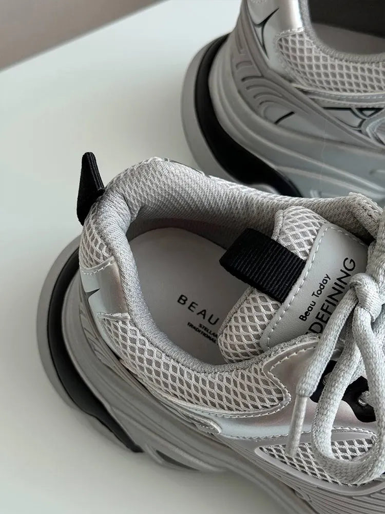 BEAUTODAY Sliver Chunky Sneakers Women Split Leather Mesh Patchwork Lace-up Closure Spring Female Leisure Shoes Handmade A29465