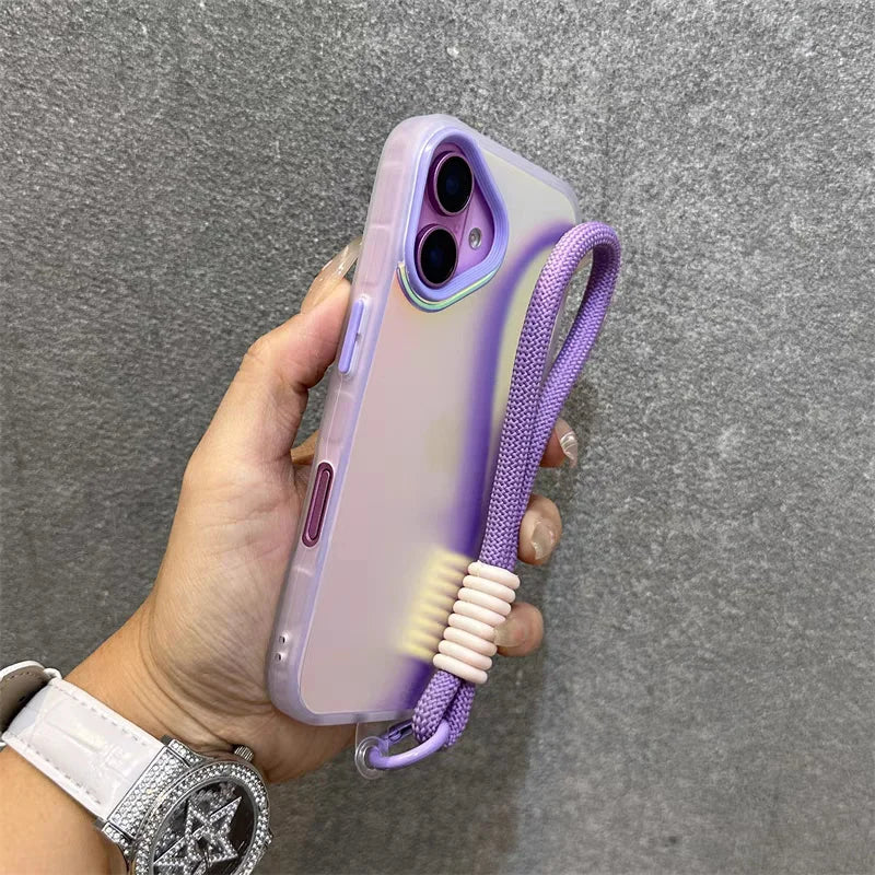 Glitter Laser Matte Wrist Strap Case For iPhone 16 15 14 13 12 11 Pro Max 8 7 Plus XR XS X SE Colorful Lanyard Shockproof Cover