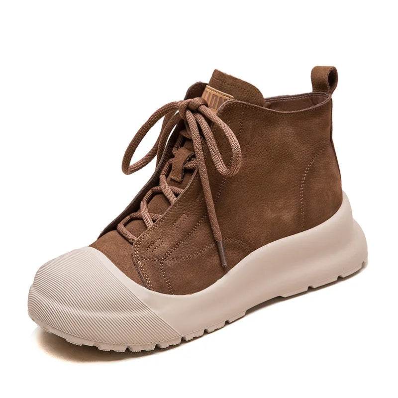 Autumn Retro Genuine Leather Short Boots Lace-Up High Top Comfortable Sneakers Thick Sole Platform Women&