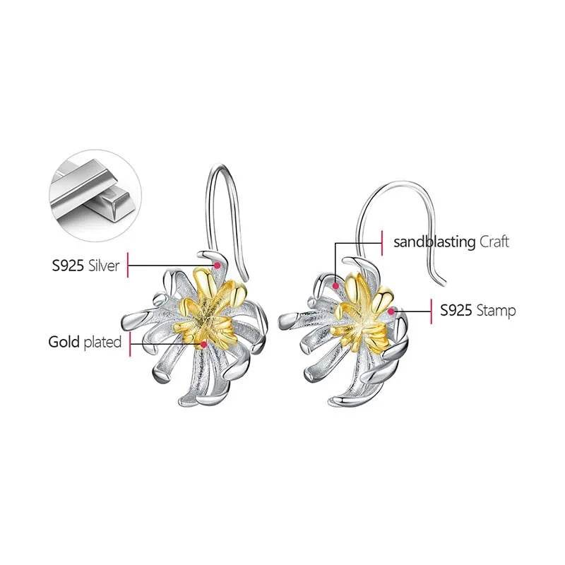 Lotus Fun Original 18K Gold Elegant Chrysanthemum Flower Dangle Earrings for Women Real 925 Sterling Silver Party Fine Jewelry - Touchy Style
