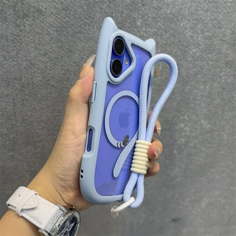 3D Cute Cat Ear Magsafe Case for iPhone 13 14 15 16 Pro Max 11 12 15 16 Plus Transparent PC Armor Cover with Wrist Strap Chain