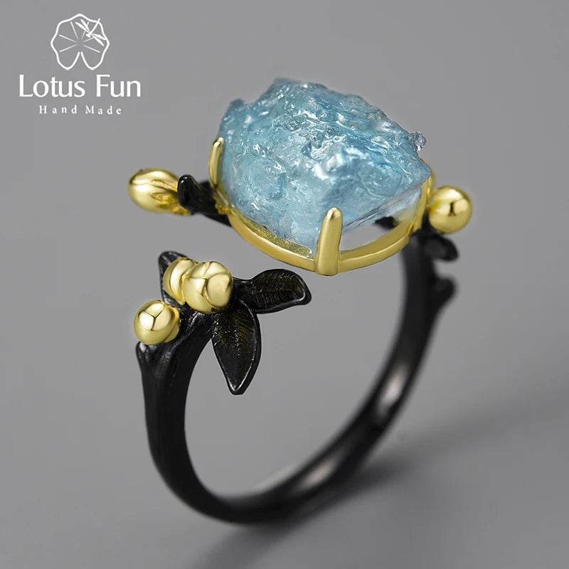 Lotus Fun 18K Gold Natural Aquamarine Gemstone Flower Adjustable Rings for Women Real 925 Sterling Silver Fine Luxury Jewelry - Touchy Style