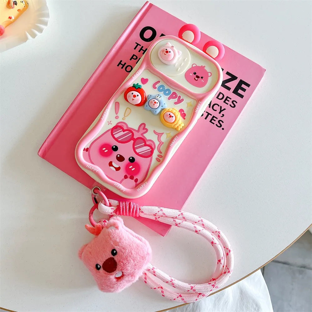 Cute 3D Cartoon Loopy Push-Pull Camera Phone Case for IPhone 16 15 Pro Max 14 Plus 13 12 Pro Max 11 with Strap Soft Back Cover