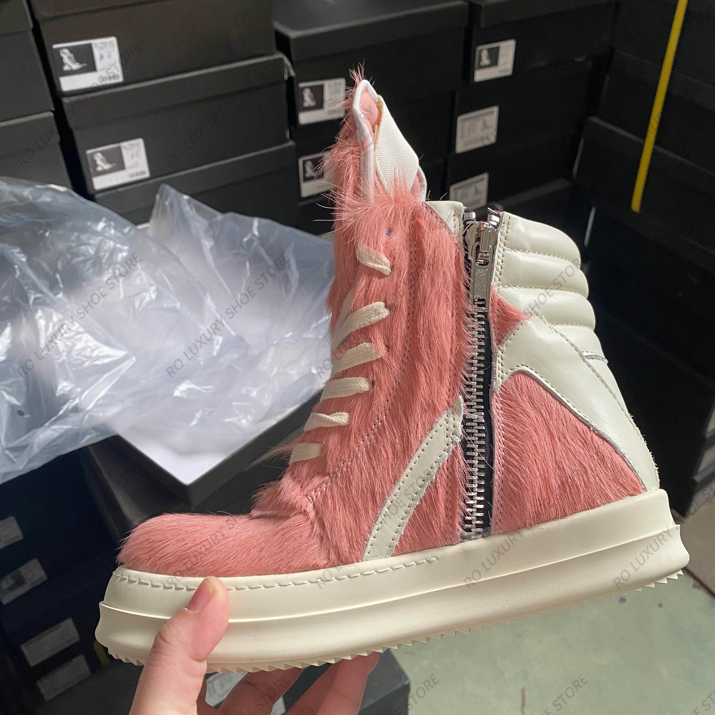 Casual Designer Horse Fur Women Ankle Boot High Top Men Sneaker Leather Geobasket Pink Zipper Quality Thick-sole Platform Shoe - Touchy Style