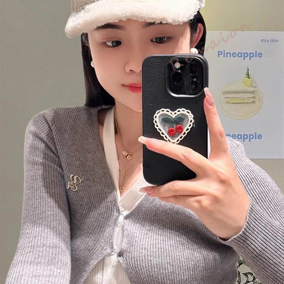 Pu Leather Cute Cherry Lace Phone Case For iPhone 15 14 13 12 11 16 Pro Max XS XR 7 8 Plus SE 2020 Protector Soft Candy Cover