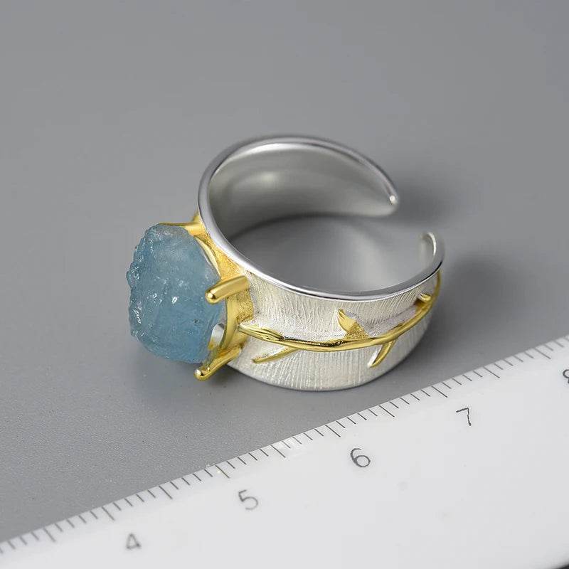 Lotus Fun Long Leaves Natural Aquamarine Gemstone Adjustable Rings for Women 925 Sterling Silver Original Luxury Fine Jewelry - Touchy Style