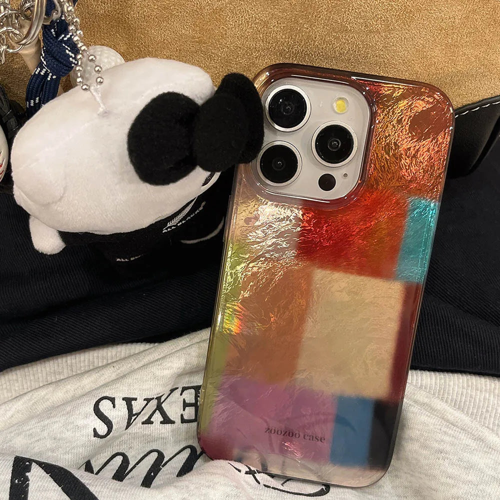 Vortex Pattern Color Grid Splicing Case For iPhone 16 Pro Max 15 14 13 12 Cover Cute Dopamine Color Block Match Plaid Soft Phone