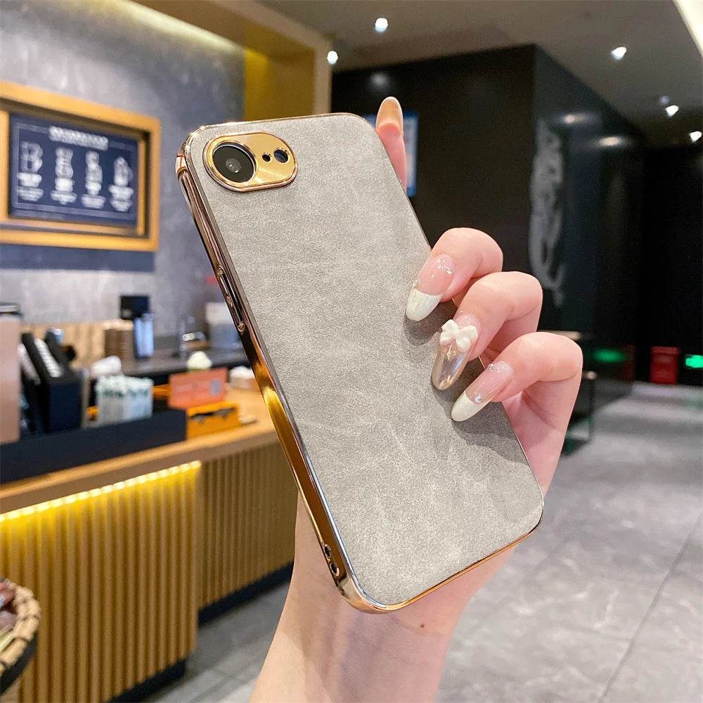 16e Luxury Leather Texture Phone Case For iPhone 16e SE4 16E 2025 Plating Shockproof Frame All Inclusive Metal Lens Back Cover - Touchy Style