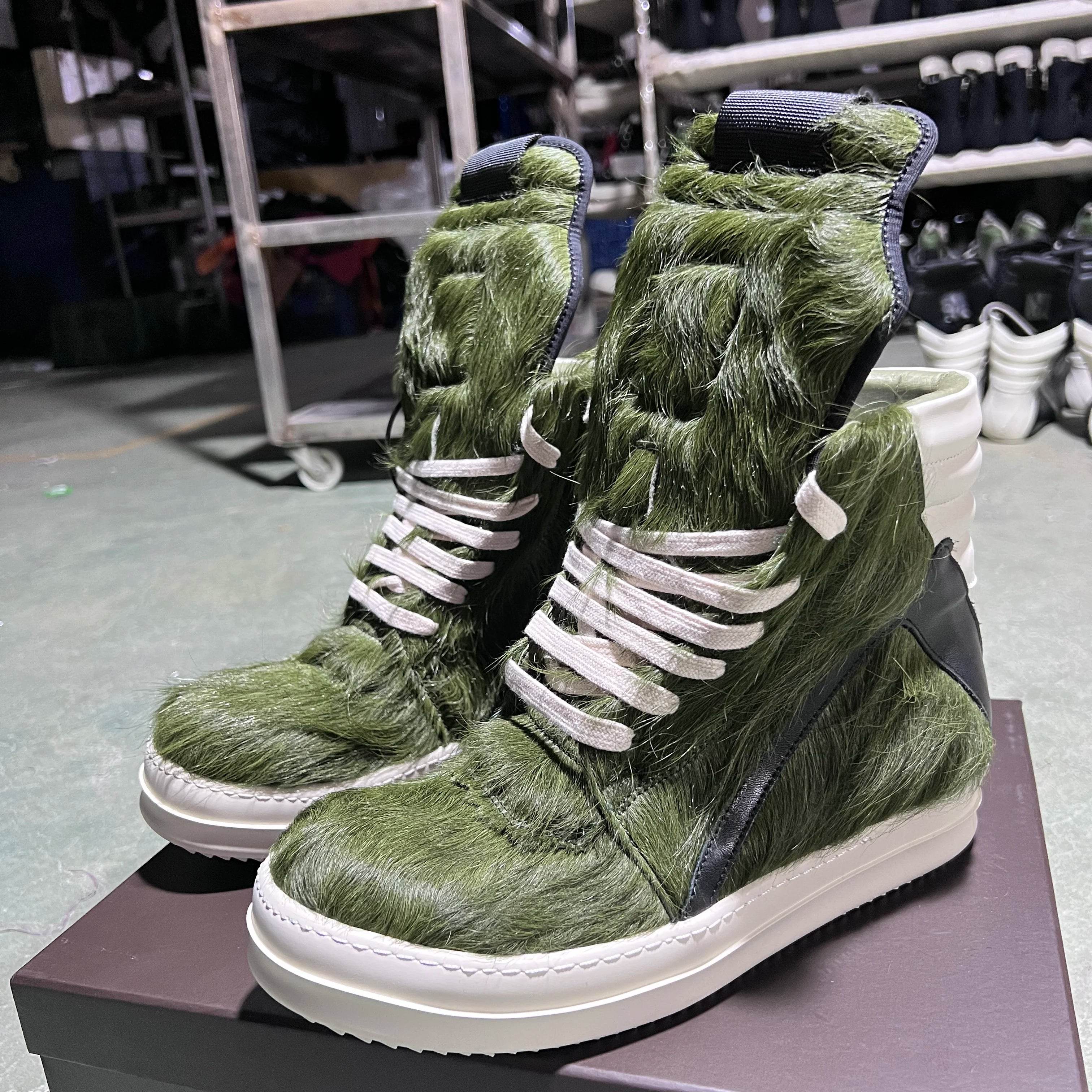 Brand Women Designer Ankle Boot Horse Fur Casual High Top Men Sneaker Leather Geobasket Army Green Zip Quality Thick-sole Shoe - Touchy Style
