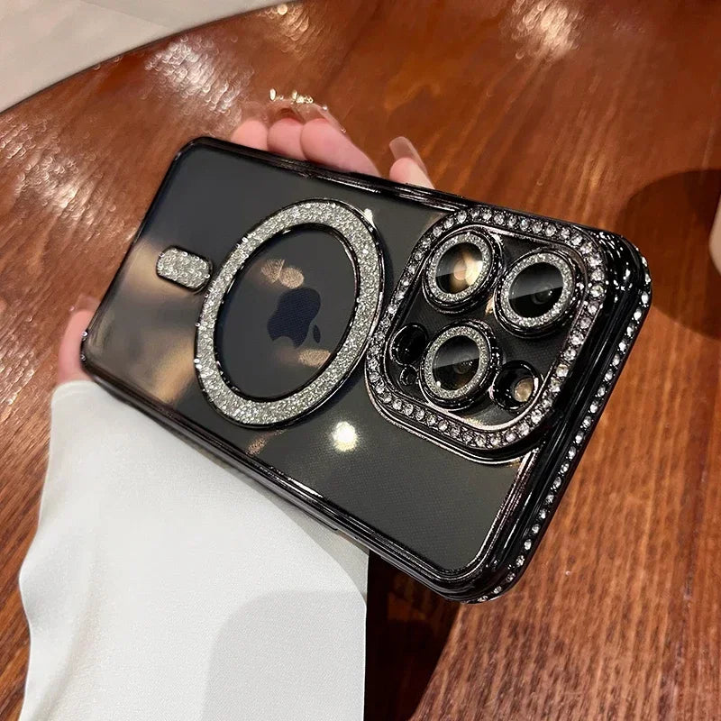SCCPC1039 Cute Phone Case for iPhone 16, 15, 14, 13, 12, or 11 Pro Max Plus - Diamond Glitter Magnetic Charging Cover