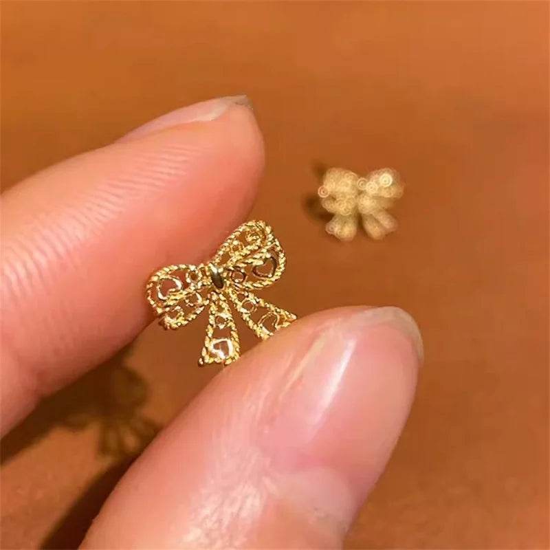 Genuine 925 Sterling Silver Plated 14K Gold Lace Bow Cute Earrings For Women Romantic Earrings Fine Hypoallergenic Jewelry - Touchy Style