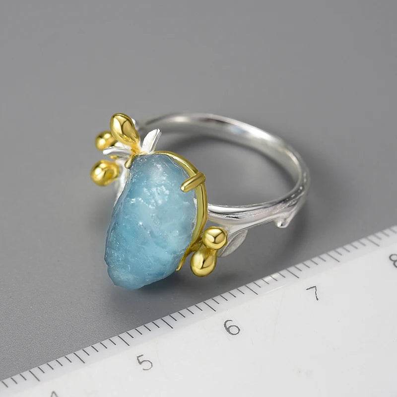 Lotus Fun 18K Gold Natural Aquamarine Gemstone Flower Adjustable Rings for Women Real 925 Sterling Silver Fine Luxury Jewelry - Touchy Style