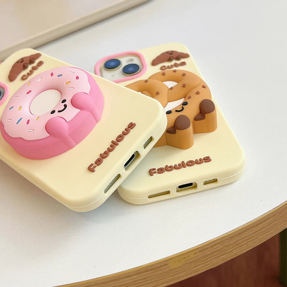 Cute Sweet Fabulous Donut Cookies Bread Cake Case For iPhone 16 15 14 Plus 13 12 Pro Max Soft Silicone Cover With Stand Holder