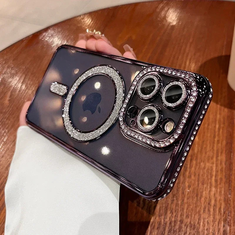 SCCPC1039 Cute Phone Case for iPhone 16, 15, 14, 13, 12, or 11 Pro Max Plus - Diamond Glitter Magnetic Charging Cover