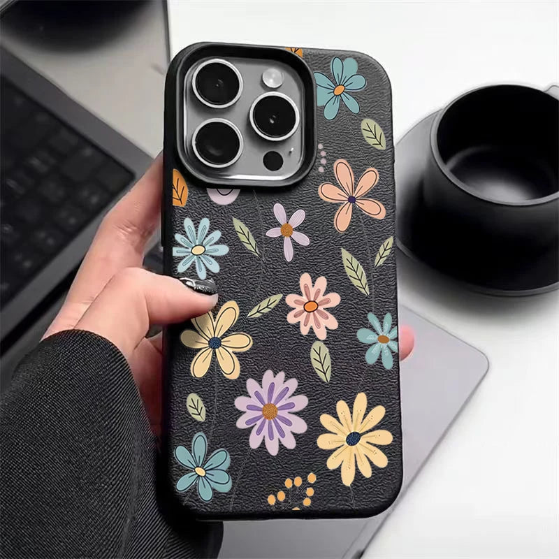 Luxury Leather Texture TPU Case For iPhone 16 15 14 13 12 Pro Max 13 15 Pro 11 Cartoon Flowers Pattern Soft Silicone Phone Cover - Cute Phone Cases