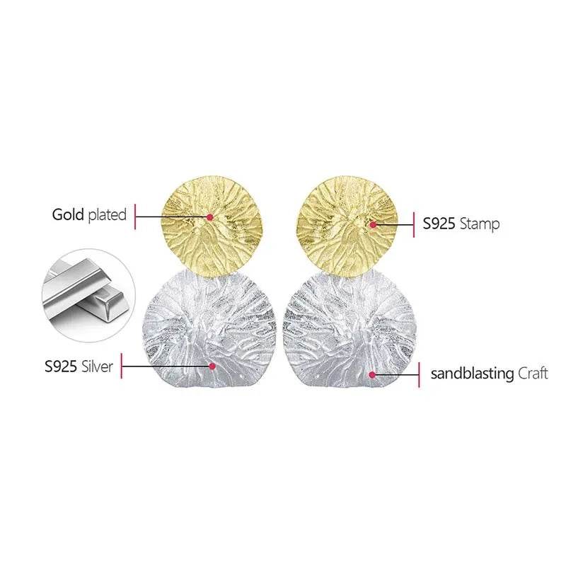 Lotus Fun Minimalism Round Vintage Double Lotus Leaves Dangle Earrings for Women Real 925 Sterling Silver Statement Fine Jewelry - Touchy Style