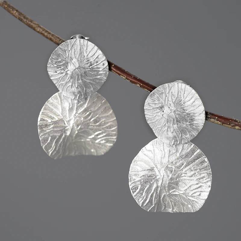 Lotus Fun Minimalism Round Vintage Double Lotus Leaves Dangle Earrings for Women Real 925 Sterling Silver Statement Fine Jewelry - Touchy Style