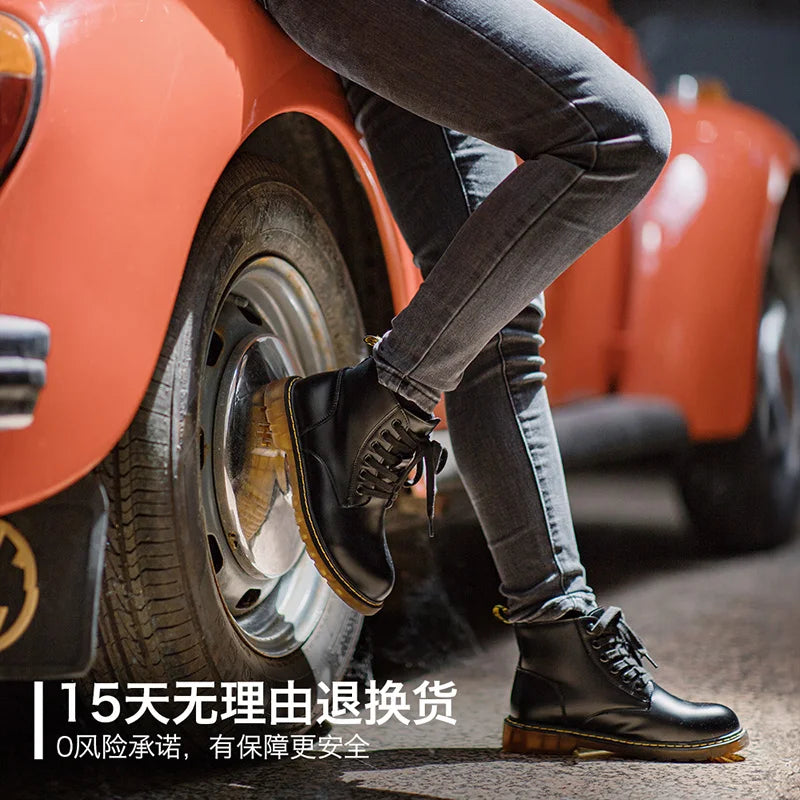 Maden Winter Couple Leather Boots Black High Top Snow Shoes Work Security Motorcycle Ankle Boots Unisex Hiking Safety Shoes