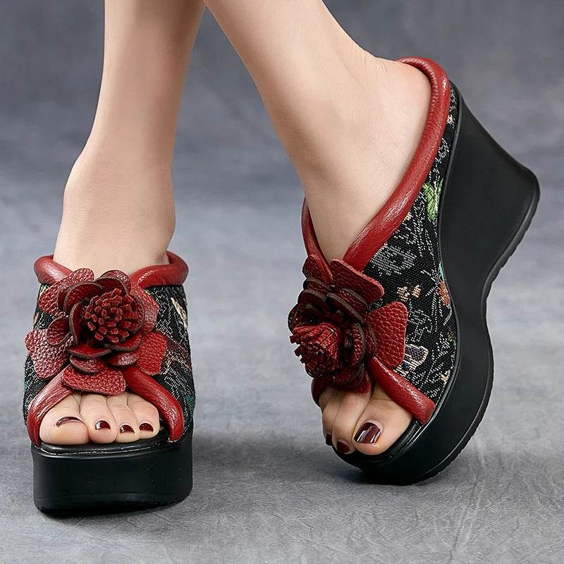 Ethnic Style Women Slippers Summer Embroider Flowers Wedges Open Toe Slippers Outside Genuine Leather Platform Slides - Touchy Style