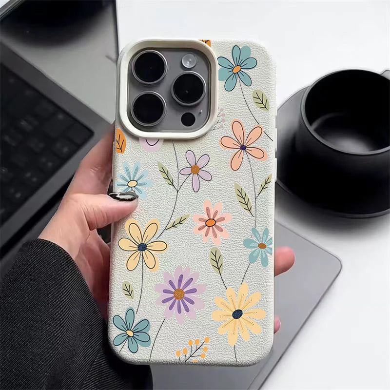 Luxury Leather Texture TPU Case For iPhone 16 15 14 13 12 Pro Max 13 15 Pro 11 Cartoon Flowers Pattern Soft Silicone Phone Cover - Cute Phone Cases