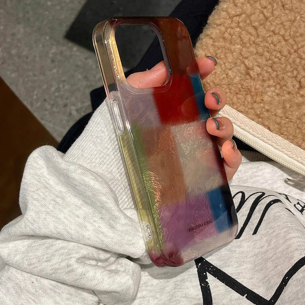 Vortex Pattern Color Grid Splicing Case For iPhone 16 Pro Max 15 14 13 12 Cover Cute Dopamine Color Block Match Plaid Soft Phone