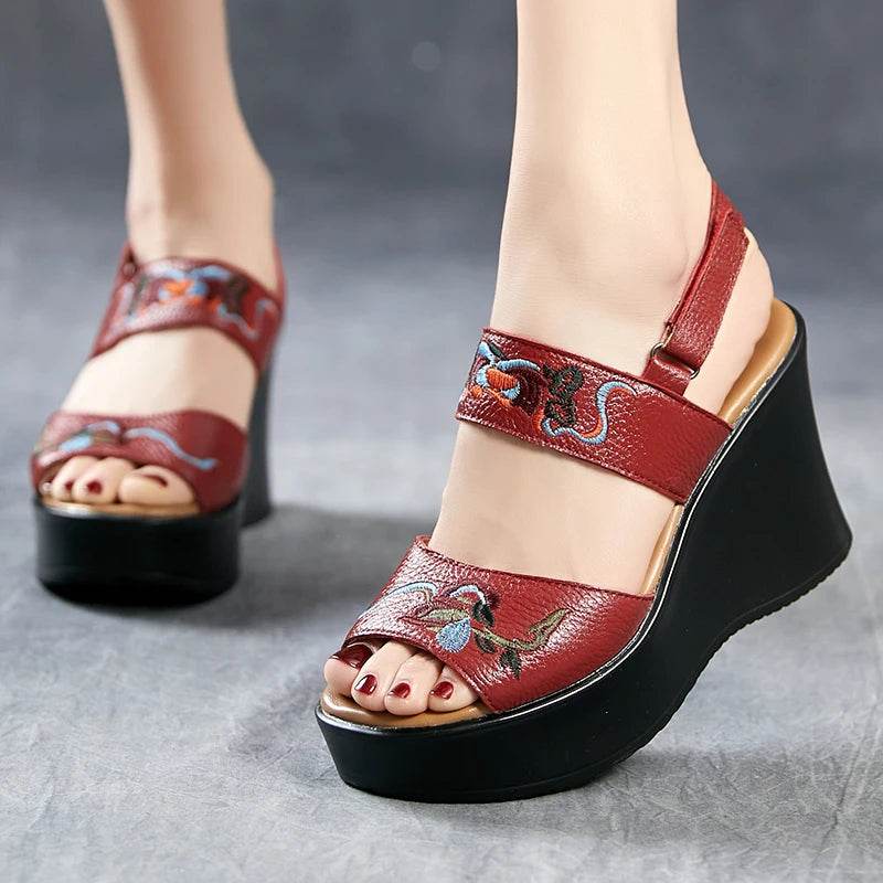 New Women Luxury Platform Wedge Sandals Cow Genuine Leather Summer Shoes Hollow Pumps Casual Breathable Leisure