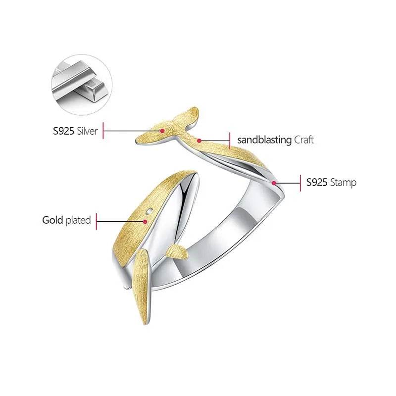 Lotus Fun 18K Gold Personality Whale Dating Adjustable Rings for Women Original 925 Sterling Silver Luxury Quality Fine Jewelry - Touchy Style