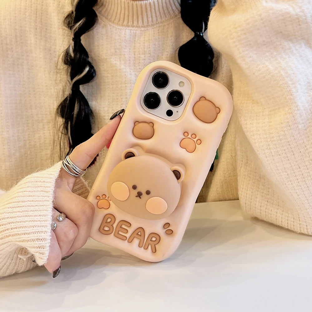 3D Bear Hidden Holder Cute Phone Case for iPhone 11, 12, 13, 14, 15 Pro Max, XS, XR, X, 7, 8 Plus