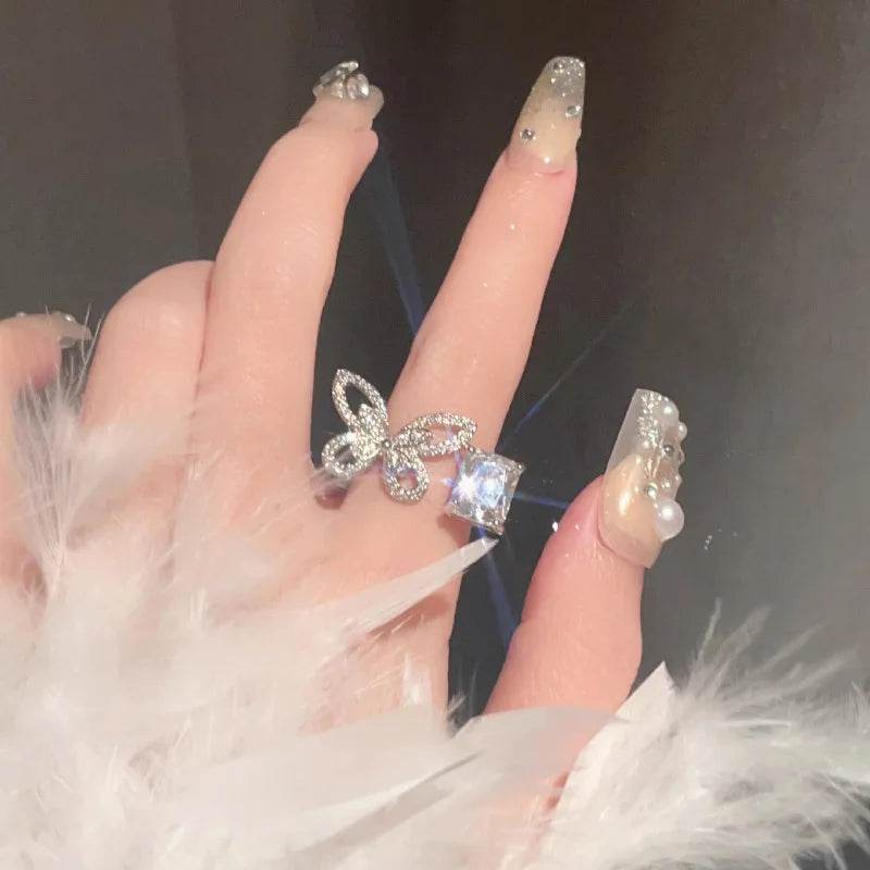 PANJBJ 925 Sterling Silver Butterfly Rings For Women Hollow Out Zircon Geometry Asymmetric Jewelry Gift Dropshipping - Touchy Style