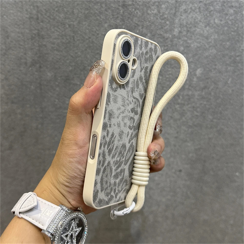 Fashion Leopard Print Pattern Bracelet Wrist Strap Cute Phone Case For iPhone 15 14 13 12 11 16 Pro Max Plus Shockproof Bumper Cover