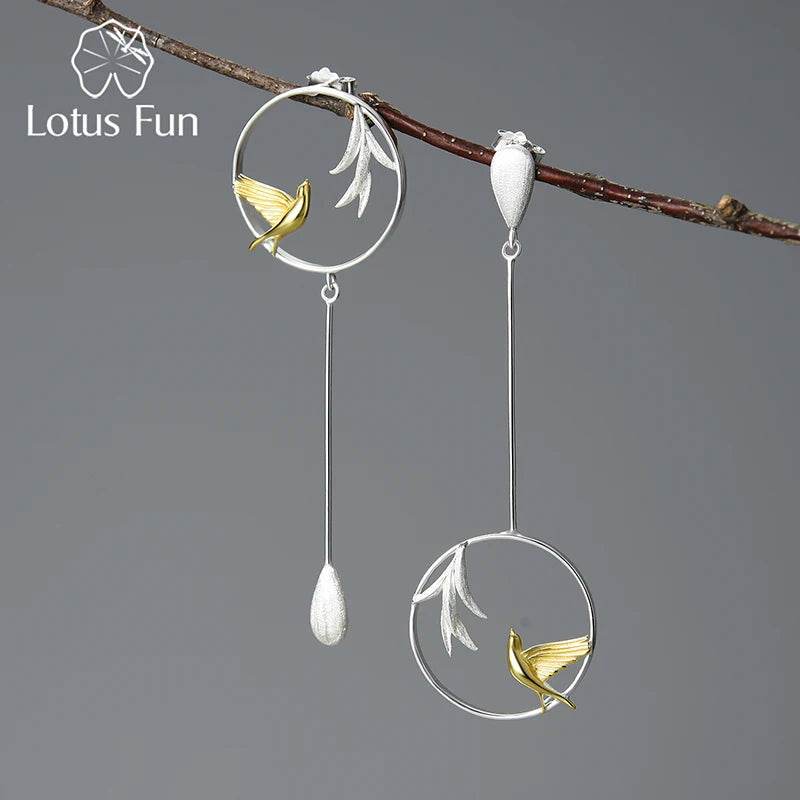 Lotus Fun Real 925 Sterling Silver Swallow and Willow in Spring Wind Long Asymmetrical Dangle Earrings for Women Fine Jewelry - Touchy Style