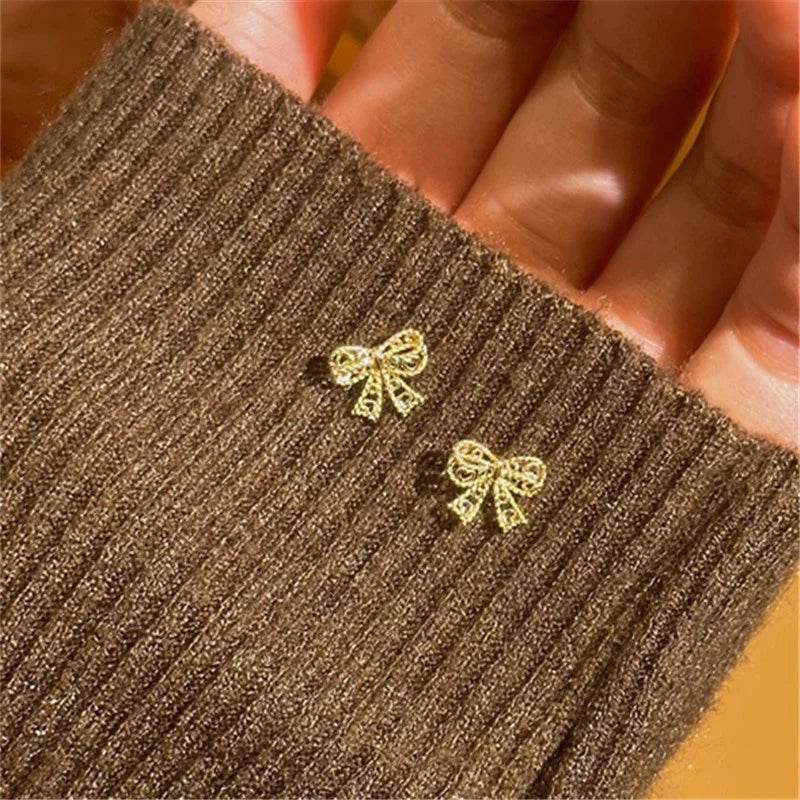Genuine 925 Sterling Silver Plated 14K Gold Lace Bow Cute Earrings For Women Romantic Earrings Fine Hypoallergenic Jewelry - Touchy Style
