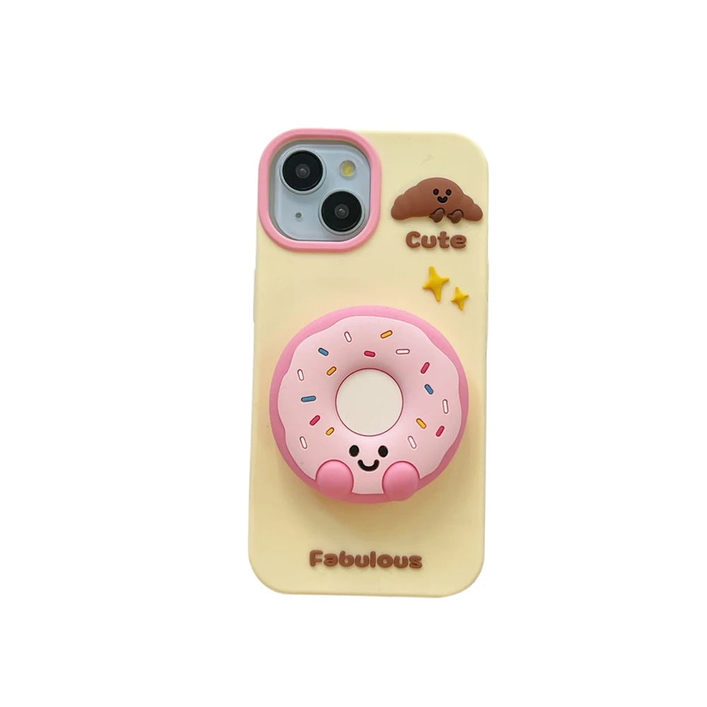 Cute Sweet Fabulous Donut Cookies Bread Cake Case For iPhone 16 15 14 Plus 13 12 Pro Max Soft Silicone Cover With Stand Holder