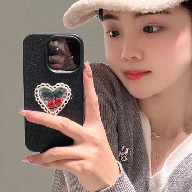 Pu Leather Cute Cherry Lace Phone Case For iPhone 15 14 13 12 11 16 Pro Max XS XR 7 8 Plus SE 2020 Protector Soft Candy Cover