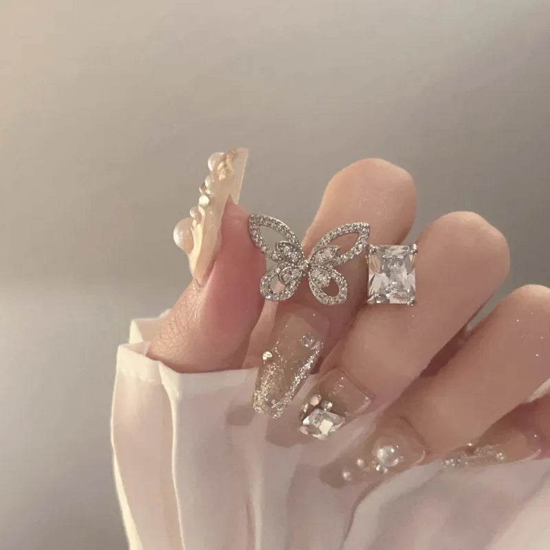 PANJBJ 925 Sterling Silver Butterfly Rings For Women Hollow Out Zircon Geometry Asymmetric Jewelry Gift Dropshipping - Touchy Style