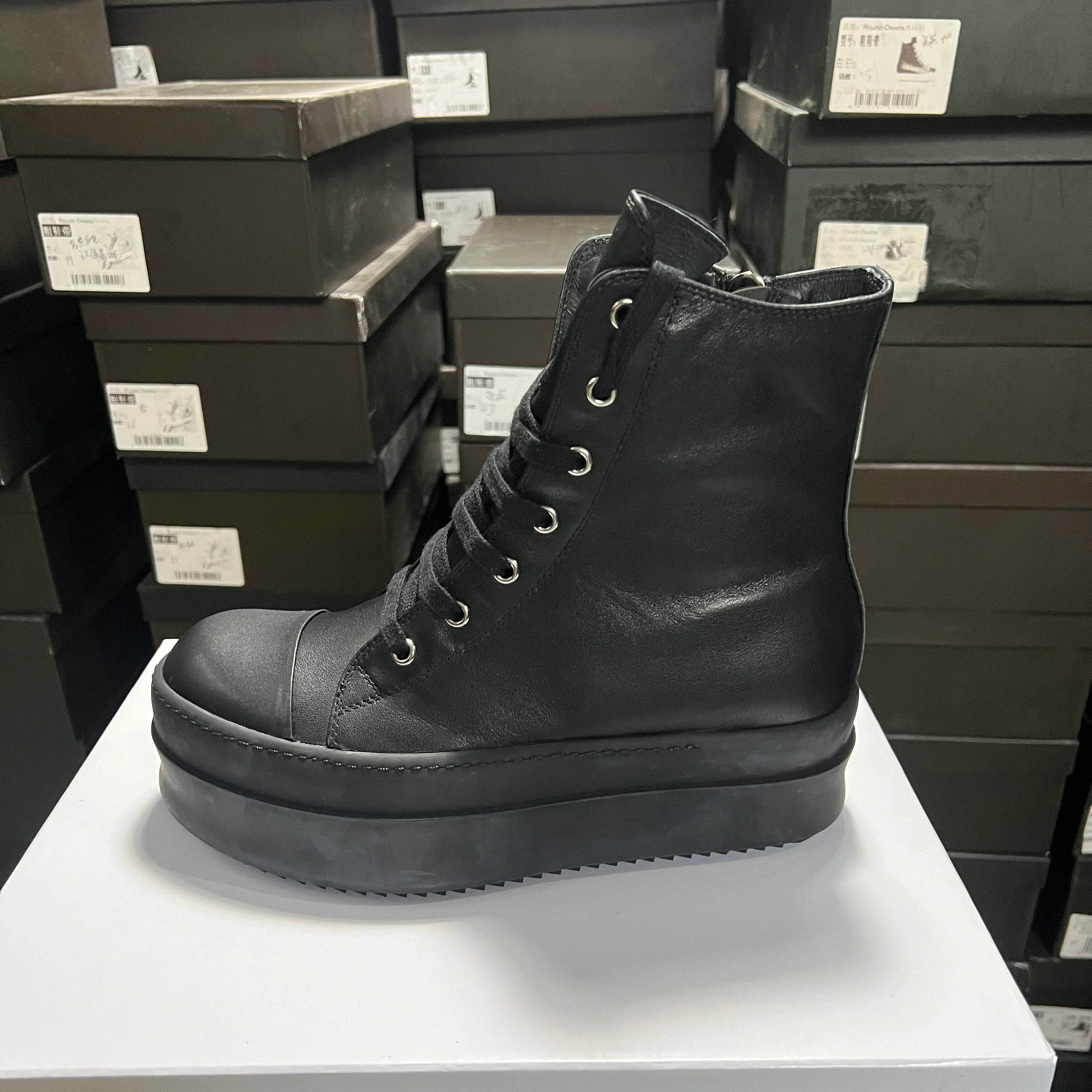Round Designer Women Ankle Boot Platform 6cm High Original Casual Luxury Girl Dress Black Owens Leather Zip Flat Street Shoe - Touchy Style