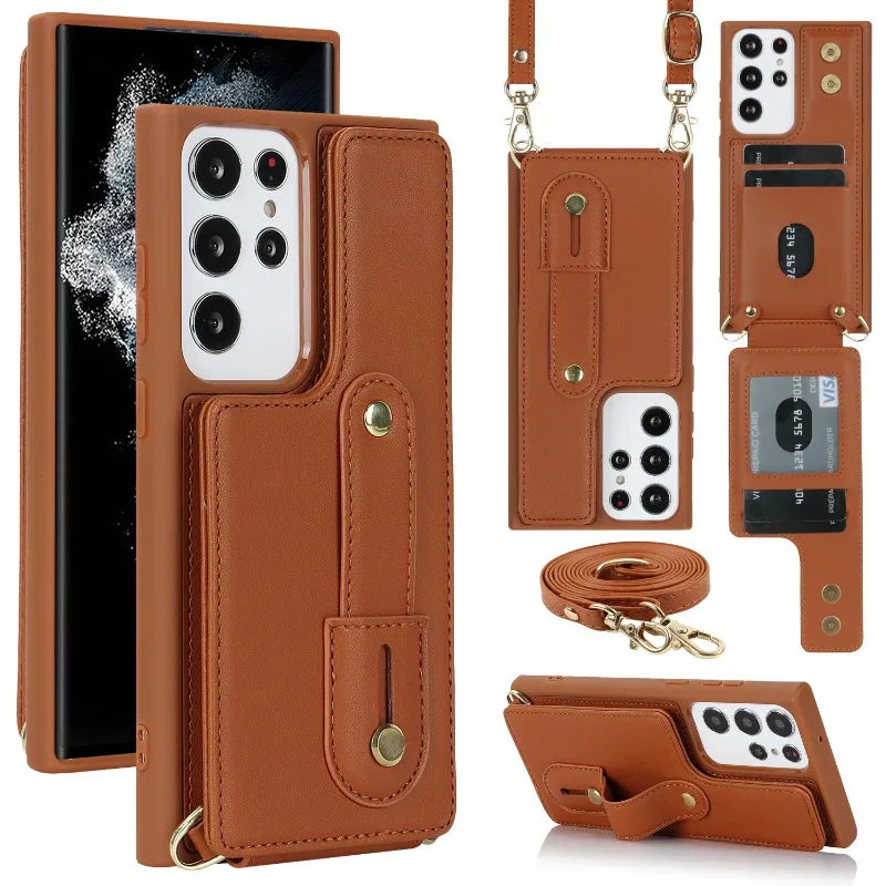 BCPC319 Leather Cute Phone Case for Galaxy S22 Ultra, S22 Plus, A54, 14, 34, 04, 13, 53, 52S, and M13 04S - Crossbody Card Slot