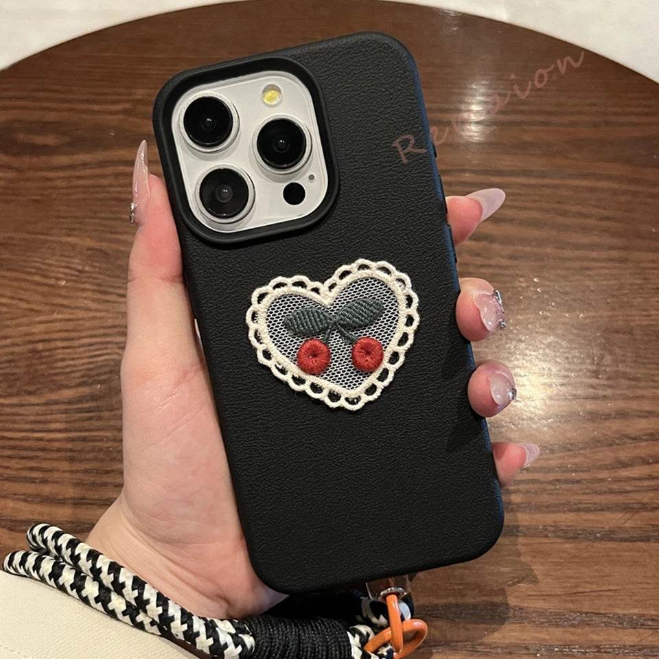 Pu Leather Cute Cherry Lace Phone Case For iPhone 15 14 13 12 11 16 Pro Max XS XR 7 8 Plus SE 2020 Protector Soft Candy Cover