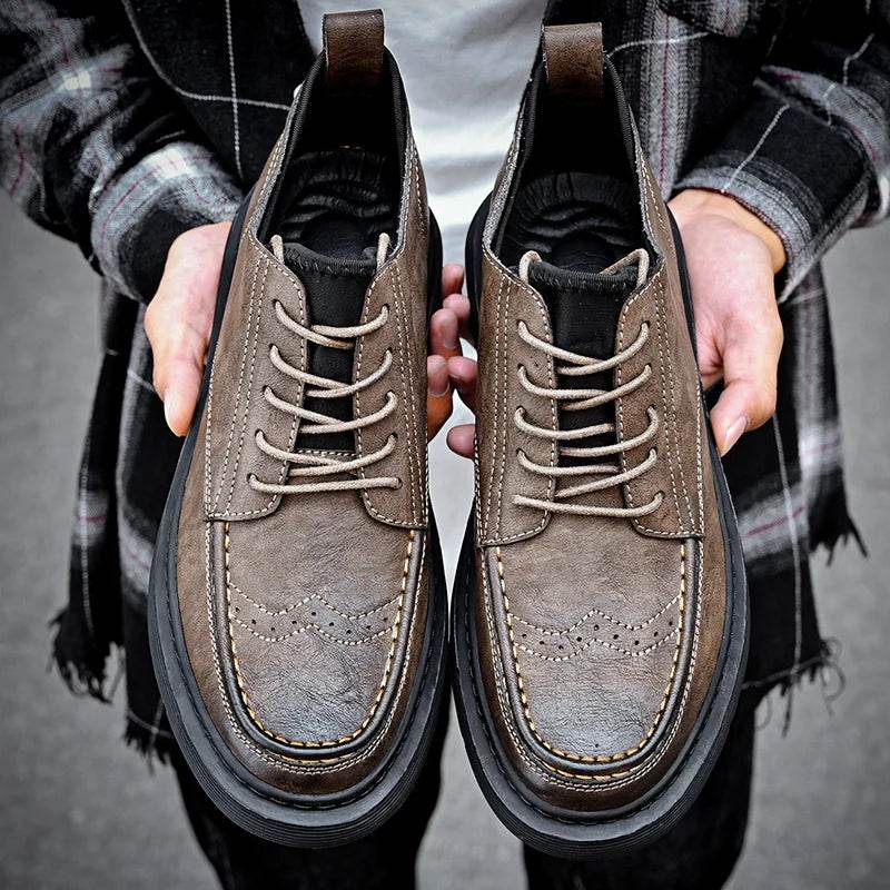 Classic autumn winter casual leather men boots Brogue lace up anti slip soles daily outdoor walking shoes for man - Touchy Style