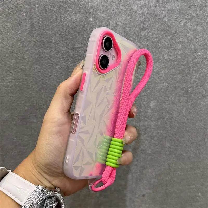 Wrist Strap Laser Diamond Pattern Case For iPhone 16 15 14 13 12 11 Pro Max Plus Dopamine Short Lanyard Shockproof Glitter Cover
