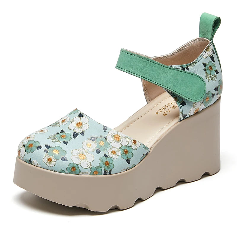 Women Sandals Genuine Leather New Summer Women Shoes hook & loop Retro Wedges Casual Print Platform Ladies Sandals