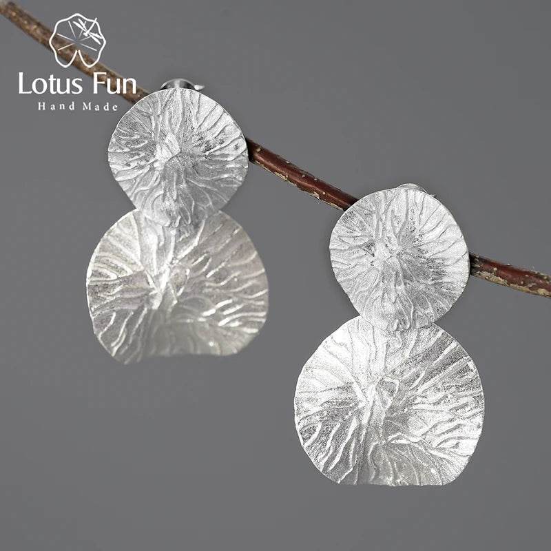 Lotus Fun Minimalism Round Vintage Double Lotus Leaves Dangle Earrings for Women Real 925 Sterling Silver Statement Fine Jewelry - Touchy Style