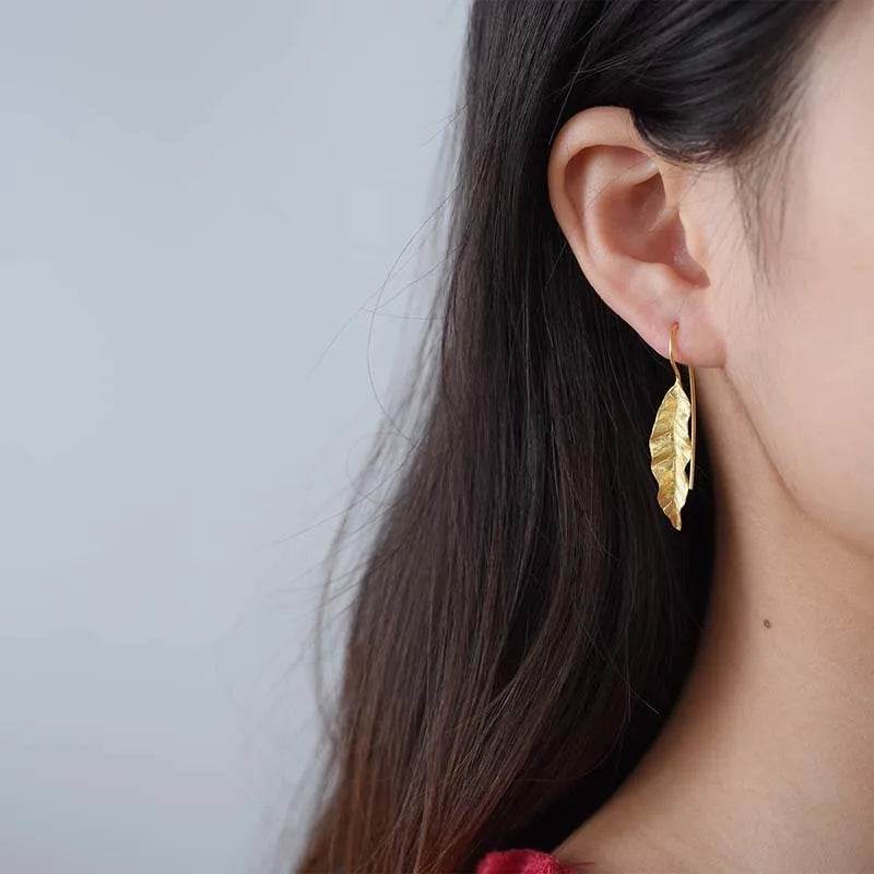 Lotus Fun 18K Gold Unusual New Long Green Ash Leaves Dangle Earrings for Women 925 Sterling Silver Luxury Quality Fine Jewelry - Touchy Style